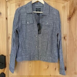 Linen Utility Jacket Blue Quiet Luxury Coastal Grandmother Capsule Wardrobe M